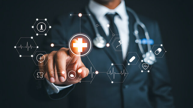 Doctor interacting with futuristic digital healthcare interface and medical icons
