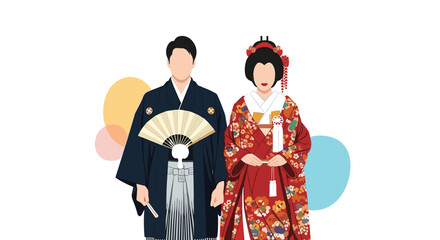 Fototapeta premium A Japanese couple dressed in traditional formal wedding attire, the groom in a montsuki haori hakama and the bride in a shiromuku kimono.