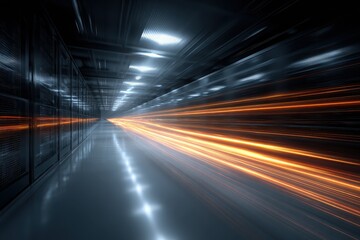 Vibrant data stream flows through a modern server room highlighting the speed of digital communication in a high-tech environment