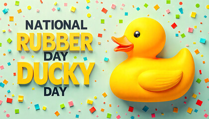 National Rubber Day features a bright yellow rubber duck with playful confetti and bold, cheerful typography; 4K, HD