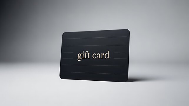 A sleek black gift card with gold lettering resting on a light gray surface