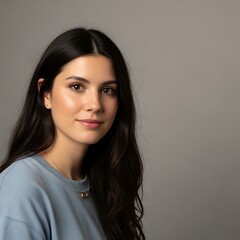 Obraz premium Young Woman with Long Dark Hair Wearing Light Blue Top Smiling in Neutral Studio Setting