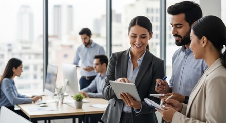 A group of business professionals discussing a project in an office setting.