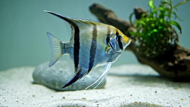 Angelfish Swimming Gracefully in a Freshwater Aquarium with Sandy Bottom and Driftwood.