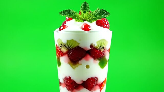 Delicious Fruit Parfait Dessert with Cream Berries and Kiwi Slices in Tall Glass Isolated on Vibrant Green Screen Background