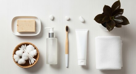A white table with a plant, a bar of soap, a toothbrush, a tube of toothpaste, a cotton swab, and a white towel.