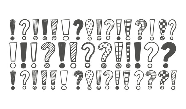 Hand Drawn Exclamation Marks and Question Marks with Various Patterns on White Background Keywords: exclamation mark, question mark, punctuation, symbol, sign, doodle, hand drawn, sketch, drawing