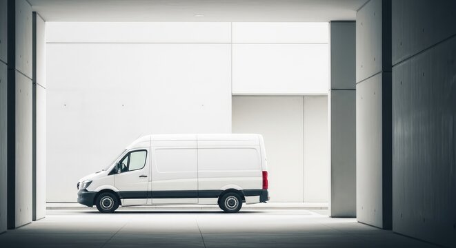 A white van parked in a narrow alleyway.