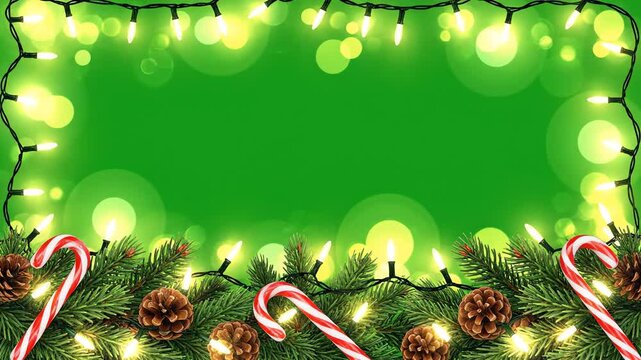 Festive Christmas Garland Border with Twinkling Lights Candy Canes and Pine Cones on a Vibrant Green Background Perfect for