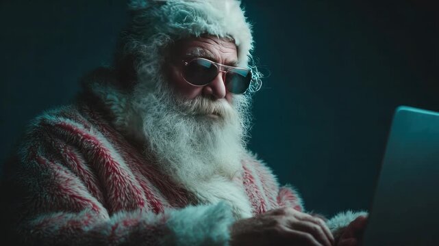 Santa's Digital Grotto: A modern twist on the classic Christmas figure as Santa Claus, donning stylish sunglasses, engages with a laptop.