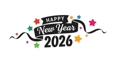 A colorful new year 2026 celebration graphic with stars and a decorative ribbon banner design © Kuntol02