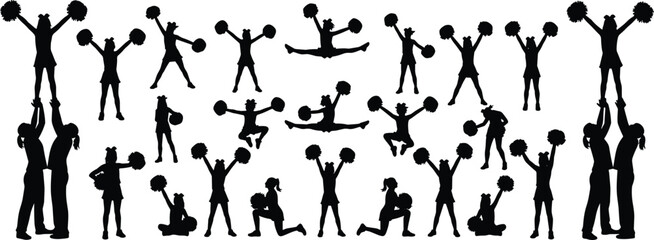 Naklejka premium Cheerleader Silhouette Set Vector, Group of Women Performing Stunts, Jumps, and Poses, Cheerleading Sport, Team Performance Graphic