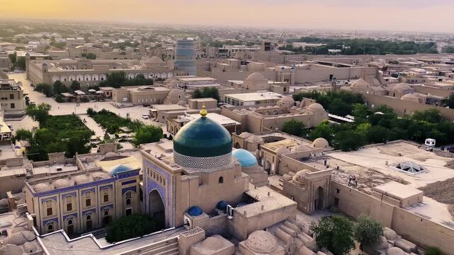 aerial sunset view of the ancient city of Khiva (Itchan Kala), a UNESCO World Heritage site in Uzbekistan. The shot highlights the majestic turquoise dome of the Pahlavon Mahmud Mausoleum 