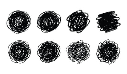 Set of Eight Hand Drawn Black Scribble Circles and Shapes on White Background doodle