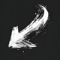 A large curved white arrow painted with brushstrokes points downward against a stark black background