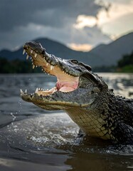 Obraz premium A large crocodilian with open jaws rises from water, a detailed image with mountains in the distance and a cloudy sky