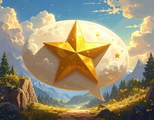 A golden, sparkling star bursts from a speech bubble, set against a mountainous landscape with a bright sky