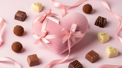 Heartshaped chocolate box with assorted chocolates on pink background