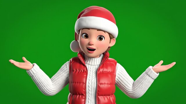 3D Animated Character Wearing Santa Hat And Red Puffer Vest Gesturing Openly Isolated On Green Screen Background For Christmas