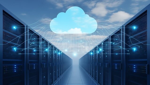 Cloud computing data center with server racks and cloud icon - Powered by Adobe