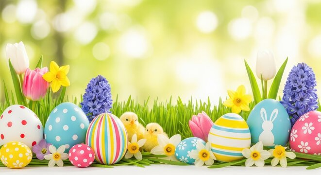 Easter eggs and flowers in a grassy field with tulips and daffodils.