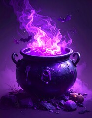 A Halloween scene depicts a cauldron of glowing purple liquid emitting violet smoke, bat silhouettes fly above. Rocks and small pumpkins surround it