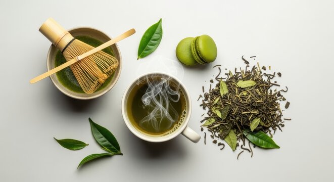 Green tea cup with steaming hot tea and green tea leaves on a white background. - Powered by Adobe