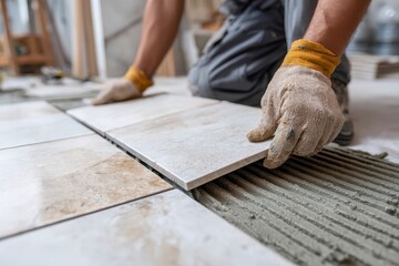 Professional construction worker carefully laying tiles on adhesive in a residential renovation project during daylight hours