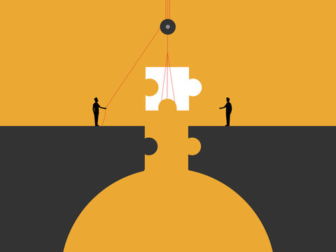 Two businessmen are building a bridge to fill the gap