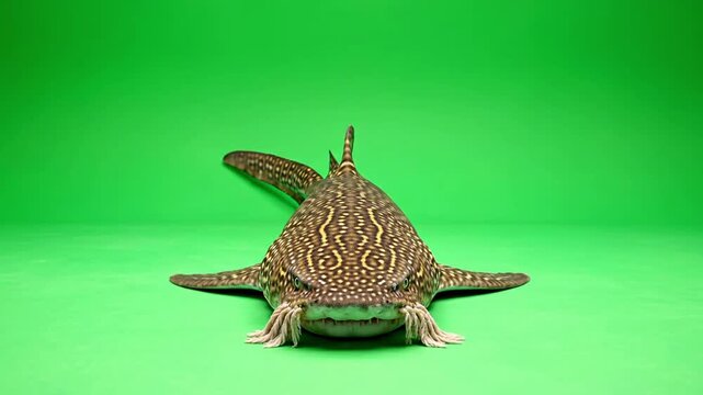 Close up of a Zebra Pleco fish swimming in front of a green screen.