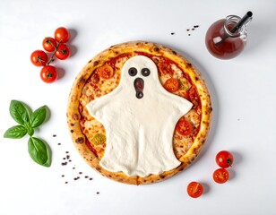 A Halloween-themed pizza on white with a ghost shape made of cheese, surrounded by tomatoes, basil, and a drink