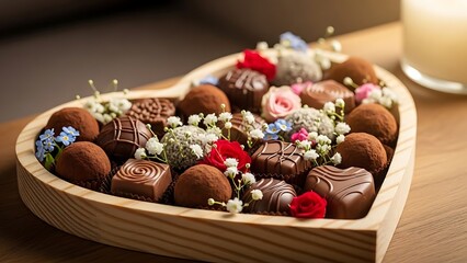 Heartshaped wooden tray filled with assorted chocolates and flowers on a wooden table