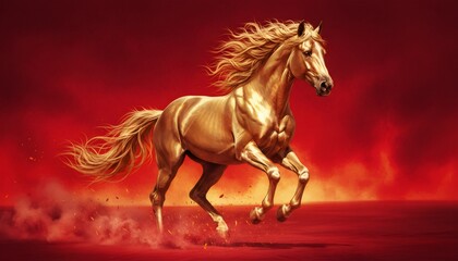 Fototapeta premium Golden Charging Stallion Against Fiery Red Background