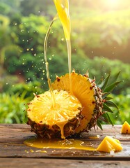 A halved tropical fruit is drenched with golden liquid, creating splashes, with a blurred natural background