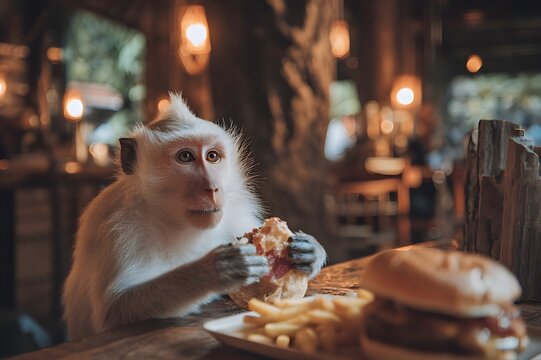 A monkey with white fur sitting inside a restaurant, eating a burger with bacon and a side of fries
