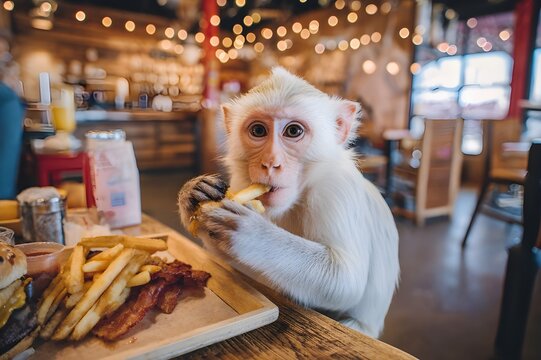 A monkey with white fur sitting inside a restaurant, eating a burger with bacon and a side of fries