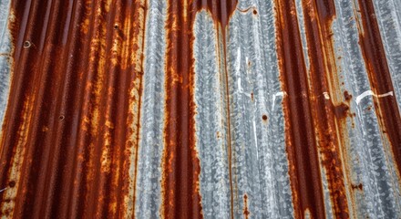 A weathered, rusted corrugated metal roof with a gray and white pattern.