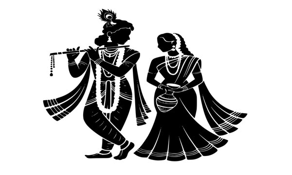 Spiritual silhouette of Radha and Krishna, Hindu deity playing flute with gopi, divine Indian religious couple icon for Janmashtami, love and devotion heritage illustration