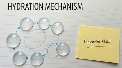 Detailed Hydration Mechanism Illustration with Water Droplets and Essential Fluid Notation on Notebook Paper