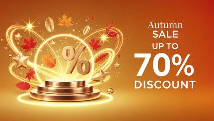 Autumn sale up to 70% discount promotion banner with golden percent sign and leaves