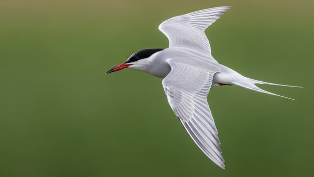 An arctic tern soaring through the air with wings outstretched in a close-up shot