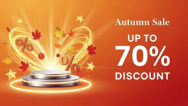 Autumn sale promotion banner featuring a product podium and up to 70% discount. - Powered by Adobe