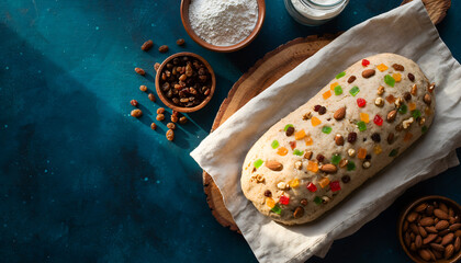 Fototapeta premium Delicious Fruitcake Dough Ready for Baking with Ingredients Nearby.