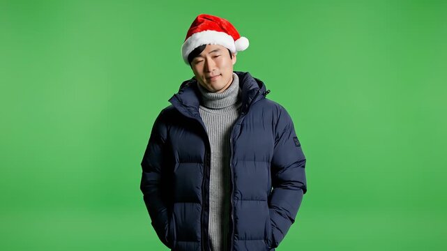 Smiling Asian Man in Santa Hat and Blue Puffer Jacket Isolated on Green Screen Background Christmas Celebration Theme Festive