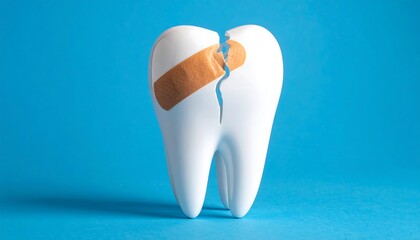 A large, white model of a molar is cracked vertically and covered with a tan adhesive bandage against a teal backdrop