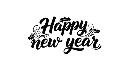 Elegant calligraphy design featuring the phrase happy new year with decorative floral and swirl elements