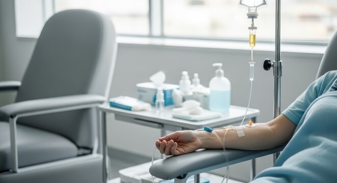 A patient receiving intravenous therapy in a hospital setting.