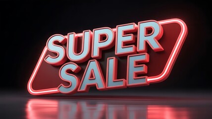 A striking 3d render of a neonlit sign displaying the words super sale in silver, metallic, bubblestyle lettering against a dark background