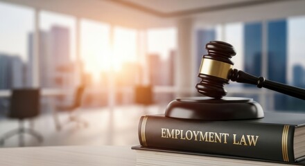 A wooden gavel and book with the title 'Employment Law' on a desk in an office setting.