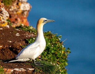 A large white seabird with a long neck and blue eye is perched on a cliff edge with ocean in the background